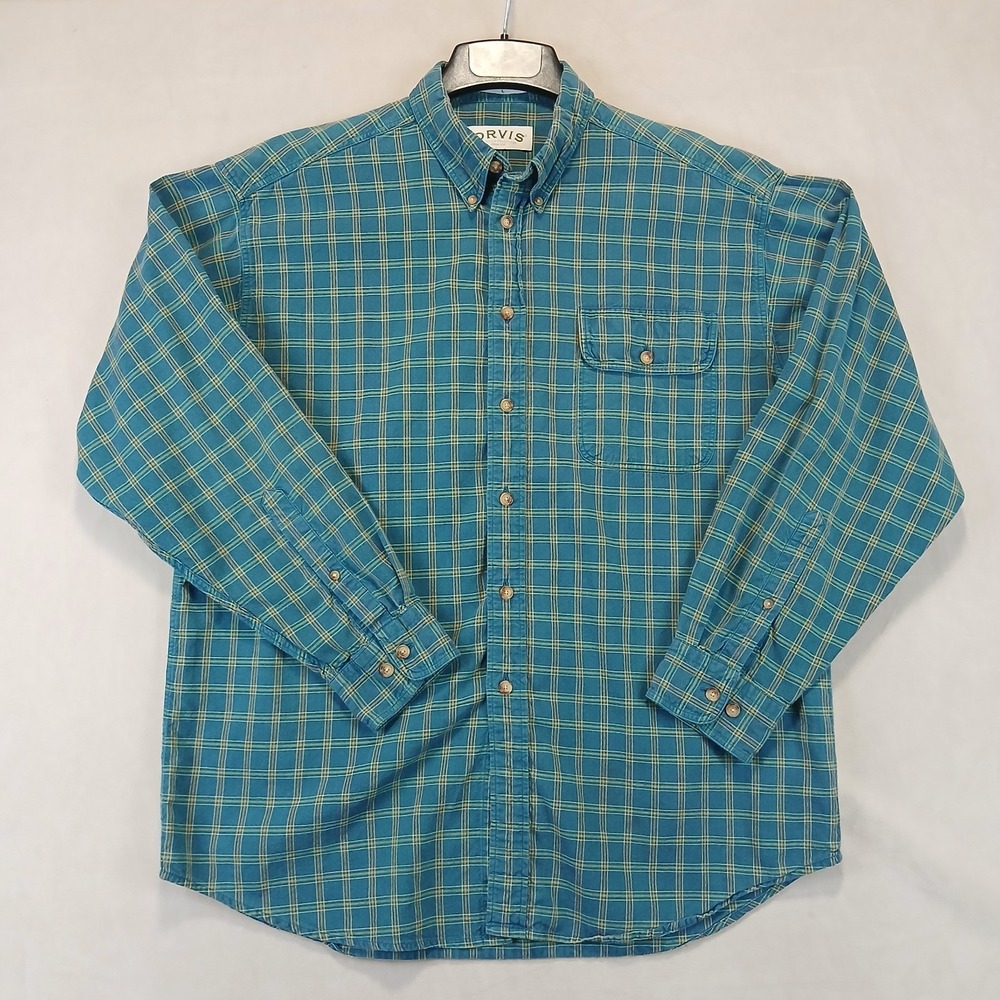 Vintage Orvis Large Mens Shirt Chambray Button Down Long Sleeve 25x29 **Fits XL